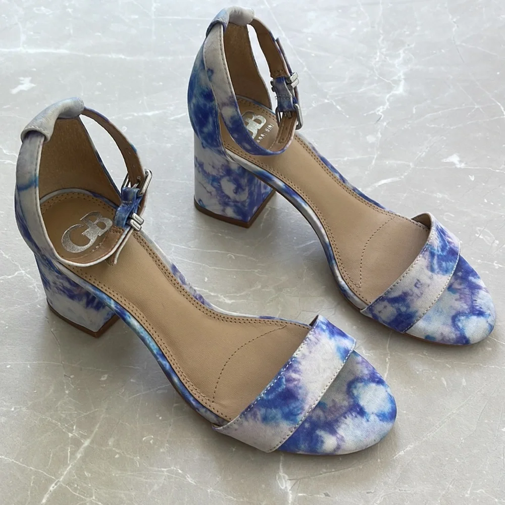 Gianni Bini Block Party Blue Multi Tie Dye Ankle Strap Sandals